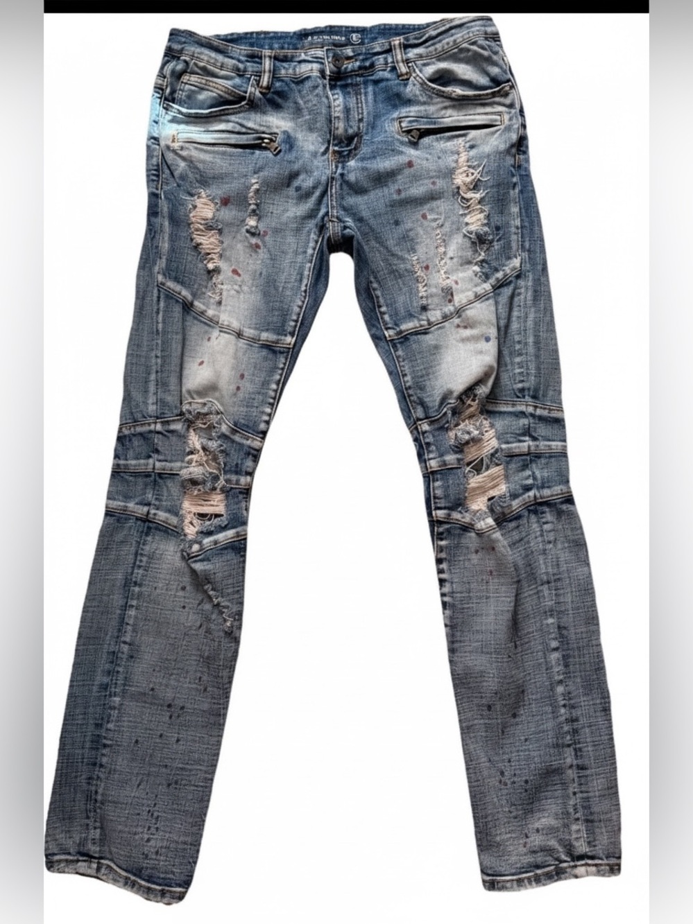 Crysp Denim Distressed Biker Jeans Paint Splatter Moto Zip Pocket Mens Tag Sz 34